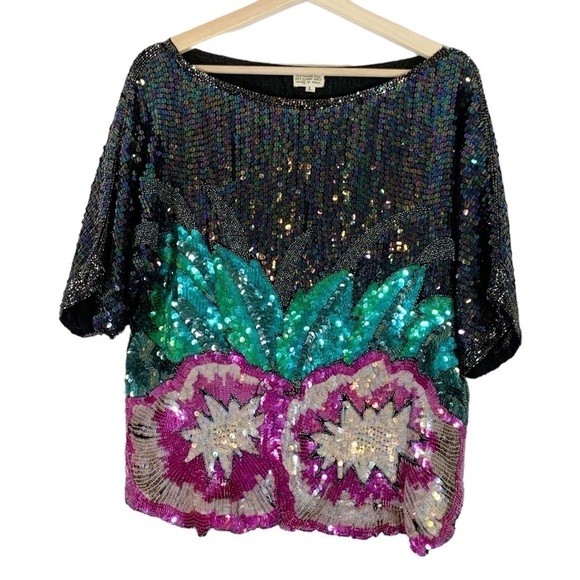 Vintage Tops - Vintage Floral Sequin Blouse Size Large